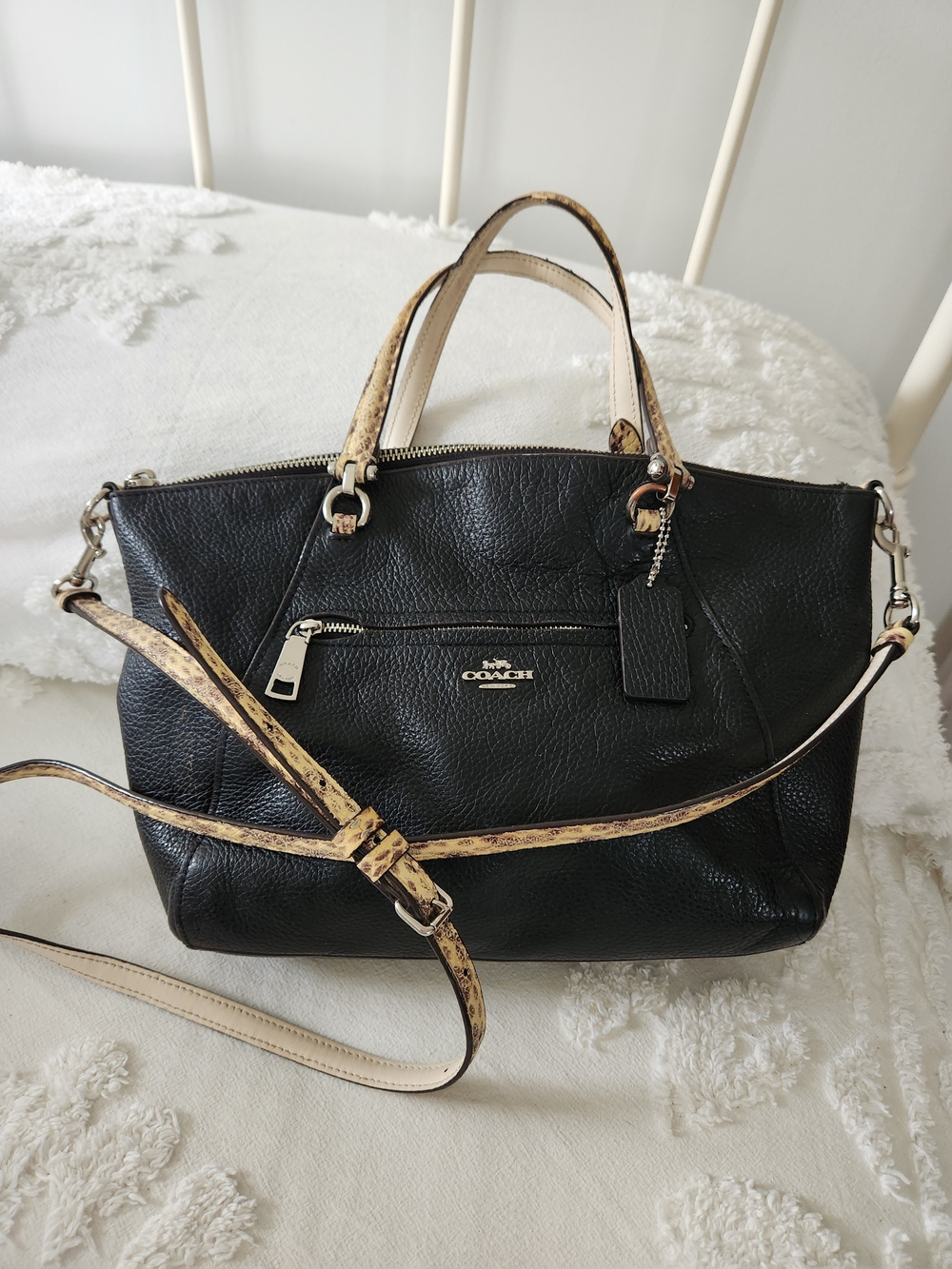 COACH Black Leather Satchel with Contrasting Tan Handles J1957-F88561 Orig Tags - Picture 1 of 11